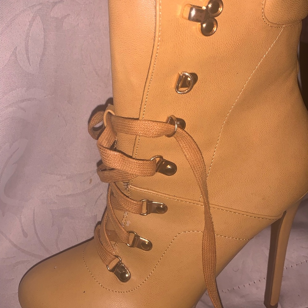 Fashion Nova Tan Stiletto Heels Lace-Up Boots